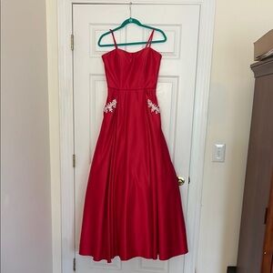 Strapless Elegant Red Evening Gown with Embellishments and pockets